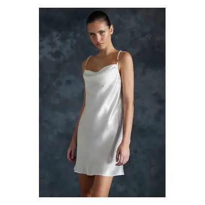 Trendyol Bride White Satin Woven Nightgown with Removable and Adjustable Pearl Strap Detail