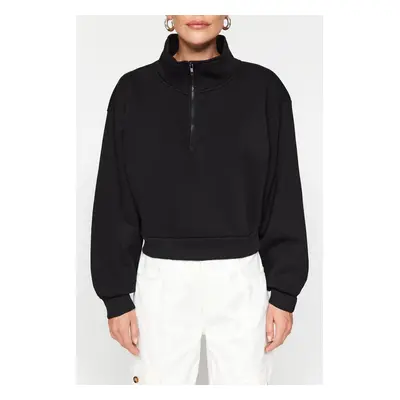 Trendyol Black Comfort Fit Crop Basic Zipper High Neck Fleece Inner Knitted Sweatshirt