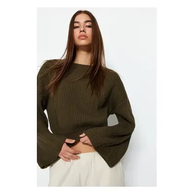 Trendyol Khaki Crop és spanyol ujjú kötöttáru pulóver