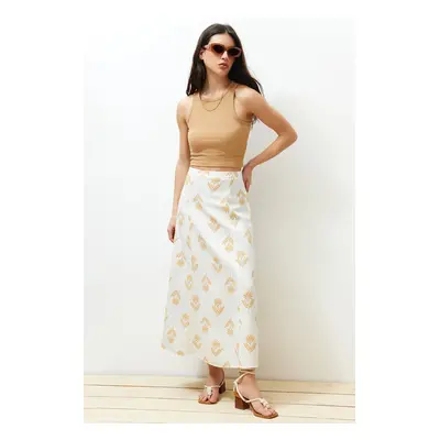 Trendyol Ecru Floral Pattern A-Line Midi Length Woven Linen Blended Skirt