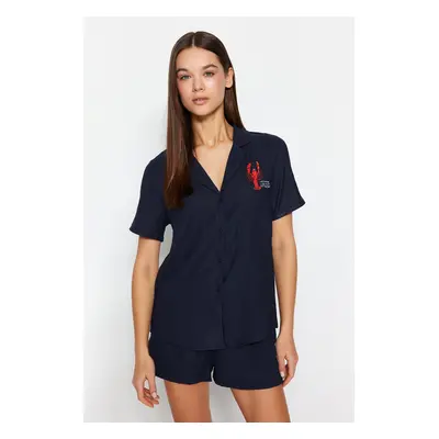 Trendyol Indigo Embroidered Viscose Shirt-Shorts Woven Pajamas Set