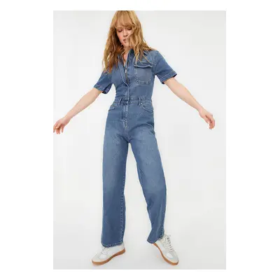 Trendyol Blue Short Sleeve Denim Jumpsuit