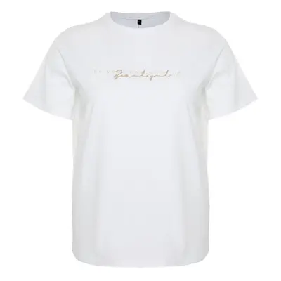 Trendyol Curve White Print and Embroidery Detailed Boyfriend Knitted T-shirt