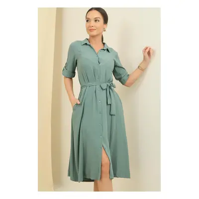 By Saygı Front Buttoned Sleeve Fold Waist Belted Pocket Dress