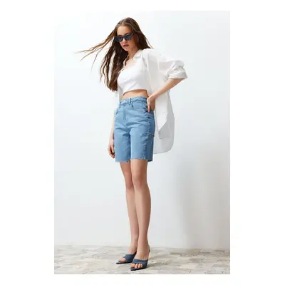 Trendyol Light Blue Ripped High Waist Denim Shorts & Bermuda