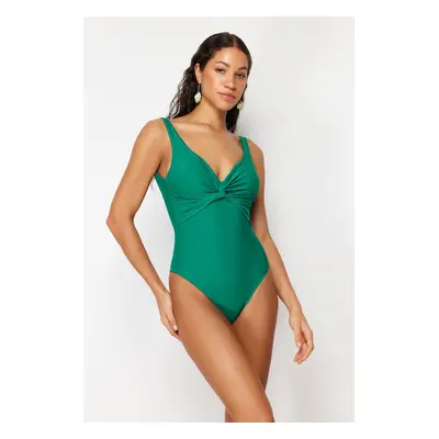 Trendyol Emerald Green V-Neck Knotted Regular Swimsuit