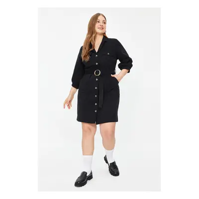 Trendyol Curve Black Cotton Mini/Short Length Pocket Buttoned Belted Gabardine Woven Plus Size D