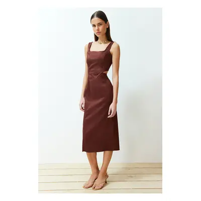 Trendyol Brown Body Wrap Cut Out Detailed Square Collar Midi Woven Dress