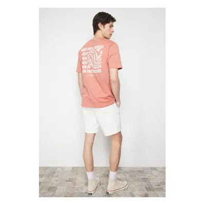 Trendyol Dusty Rose Oversize/Wide Cut Text Printed Short Sleeve 100% T-Shirt