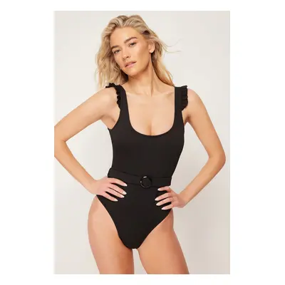 Trendyol Black Belt Frilly Textured Regular Swimsuit