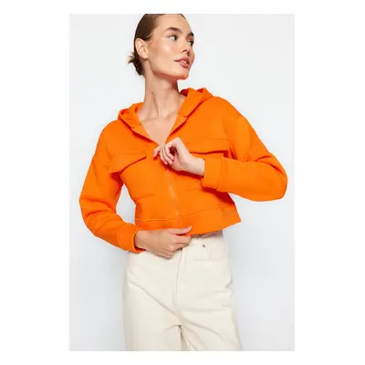 Trendyol Orange Comfortable Cut Crop Pocket Detailed Hooded Thick Inside Fleece Knitted Sweatshi