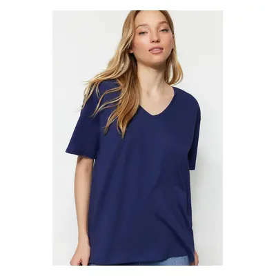 Trendyol Navy Blue 100% Cotton Oversize/Wide Fit V-Neck Knitted T-Shirt