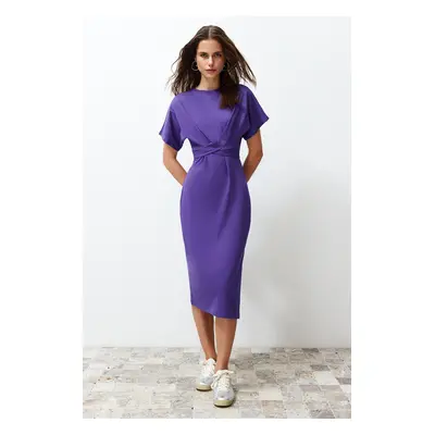 Trendyol Purple 100% Cotton Waist Slit and Tie Detailed Midi Knitted Pencil Dress