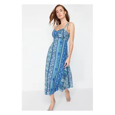 Trendyol Blue Patterned Patterned A-Cut Strap Midi Lined Woven Dress