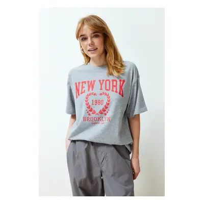 Trendyol Gray Melange City Printed Oversize/Wide Cut Crew Neck Knitted T-Shirt