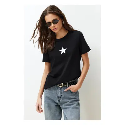 Trendyol Black 100% Cotton Star Printed Regular/Normal Pattern Crew Neck Knitted T-Shirt