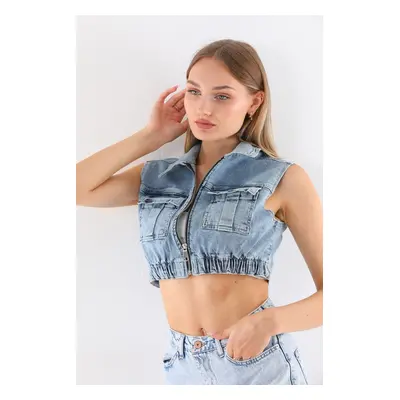 BİKELİFE Women's Blue Lycra Crop Denim Vest