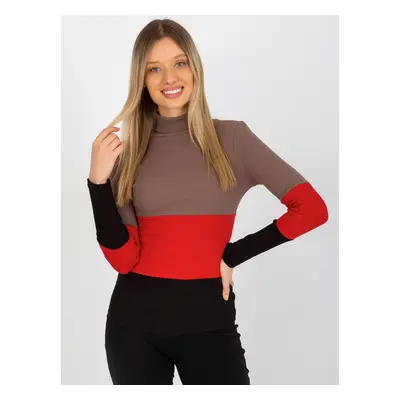 Women's brown-black ribbed turtleneck basic blouse