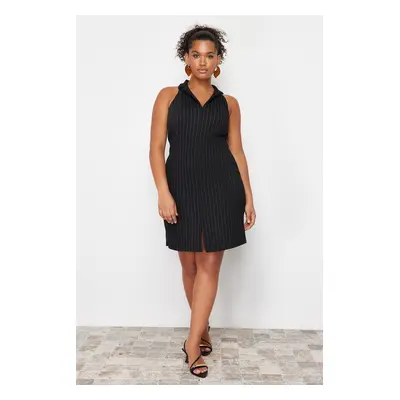 Trendyol Curve Black Polo Collar Striped Mini 100% Cotton Knit Dress