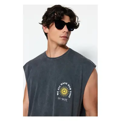 Trendyol Anthracite Oversize/Wide Cut Faded Effect Text Print 100% Cotton T-Shirt/Undershirt