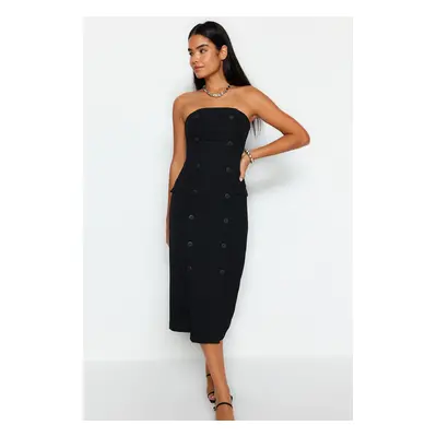 Trendyol Black Straight Cut Button Detail Strapless Midi Woven Dress