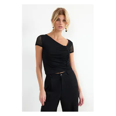 Trendyol Black Asymmetrical Collar Tulle Stretchy Knitted Blouse