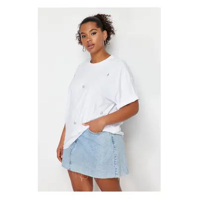 Trendyol Curve White Heart Accessory Detailed Oversize 100% Cotton Knitted T-shirt