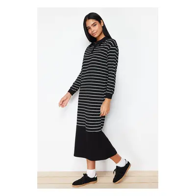 Trendyol Black Oversize Polo Collar Knitted Striped Dress