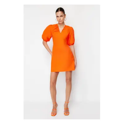 Trendyol Orange Waist Opening Poplin Gathered Mini Woven Dress