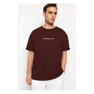 Trendyol Dark Brown Oversize Raised Text Printed 100% Cotton T-Shirt