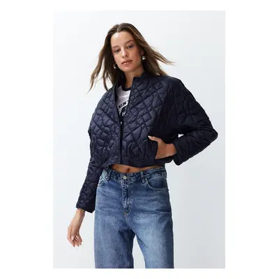 Trendyol Navy Blue Oversize Pattern Geometric Patterned Quilted Coat