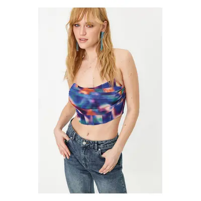 Trendyol Blue-Multicolored Floral Printed Knitted Tulle Bustier