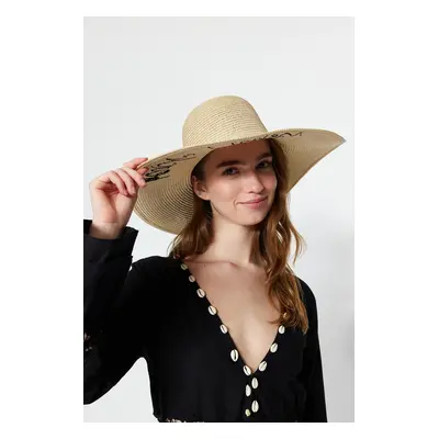 Trendyol Beige Women's Slogan Detailed Straw Flare Hat