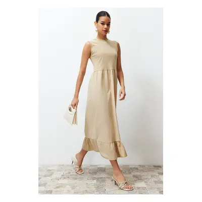 Trendyol Beige Frilled Skirted Jersey-Poplin Sleeveless Knitted Undershirt Dress