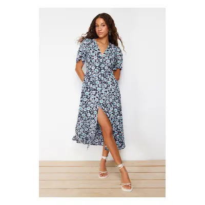 Trendyol Blue Floral V Neck Midi Woven Shirt Dress