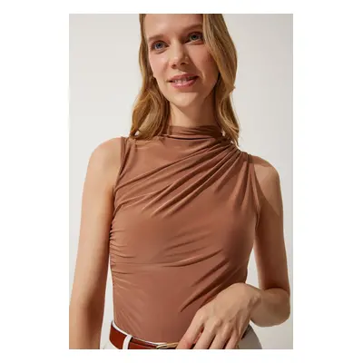 Happiness İstanbul Women's Milk Brown Gathered Sleeveless Sandy Knitted Blouse