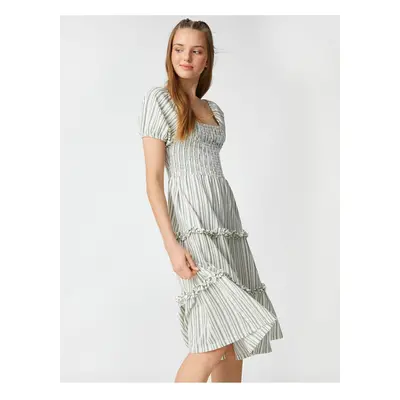 Koton Midi Dress with Square Neck, Gippes, Balloon Sleeves and Ruffled.