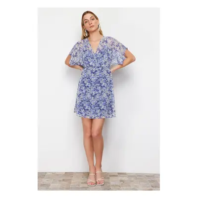 Trendyol Blue Floral Print A-line Double Breasted Collar Lined Chiffon Mini Woven Dress