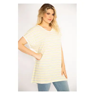 Şans Women's Plus Size Bone Front Stripe Plain Low Sleeve Viscose Blouse