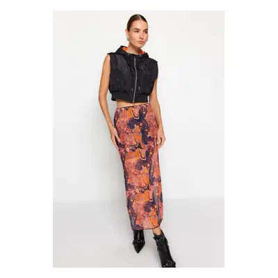 Trendyol Orange Patterned Maxi Length Lace Detail Tulle Stretch Knitted Skirt