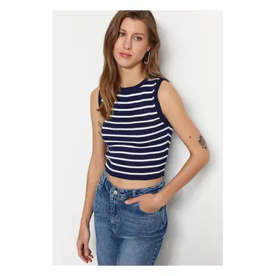 Trendyol Navy Blue Crop Striped Knitwear Blouse