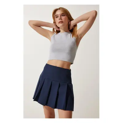 Happiness İstanbul Women's Navy Blue Pleated Mini Woven Skirt