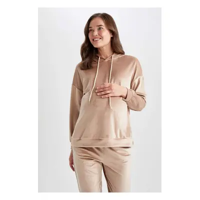 DEFACTO Hooded Velvet Maternity Sweatshirt with Flounce Sleeves