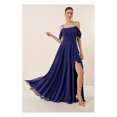 By Saygı Rope Strap Low Sleeve Front Draped Flounce Front Side Slit Lined Long Chiffon Dress