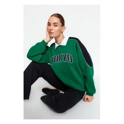 Trendyol Green Thick Inner Fleece Color Block Polo Collar Regular/Normal Fit Knitted Sweatshirt