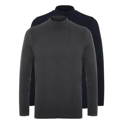 Trendyol Navy Blue-Anthracite Slim Fit Cotton Half Elastic Knit 2-Pack Knitwear Sweater