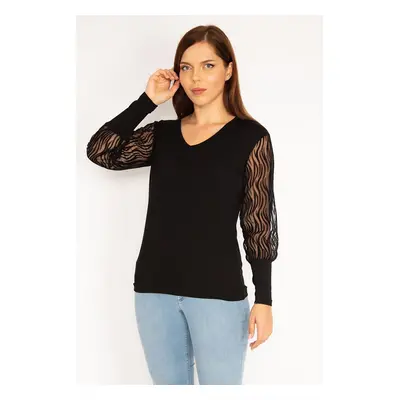 Şans Women's Plus Size Black Flocked Detailed Blouse