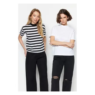 Trendyol White-Black and White Striped 2-Pack Basic Stand Up Collar Knitted T-Shirt