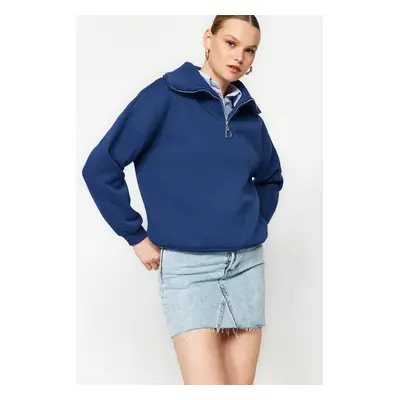 Trendyol Indigo Zipper High Neck Thick Fleece Inside Regular Fit Knitted Sweatshirt