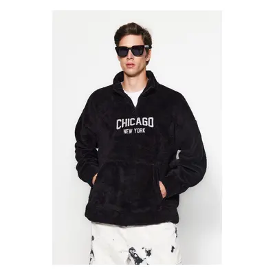 Trendyol Black Oversize/Wide Cut Zippered City Embroidered Fleece/Plush Sweatshirt